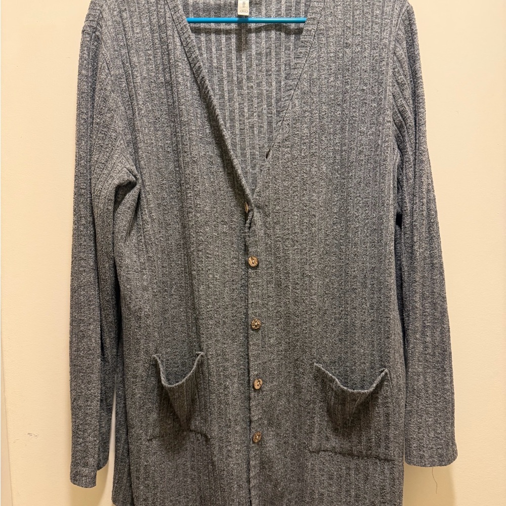 Ribbed Long Cardigan with Pockets - Gray